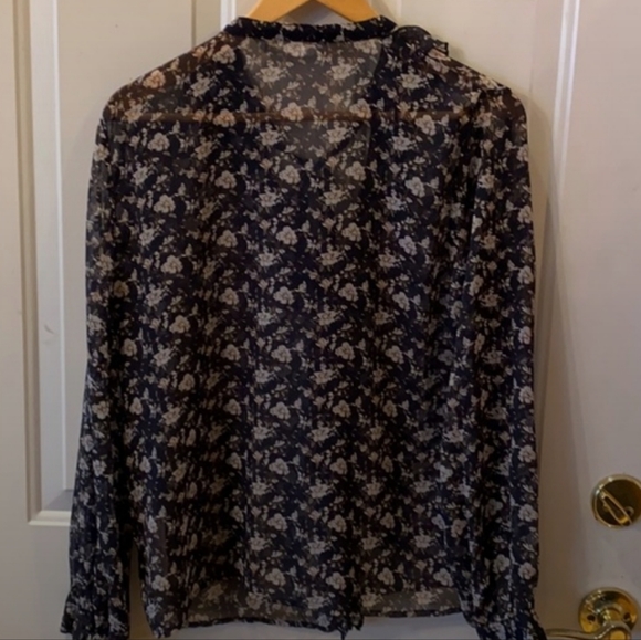 Zara sheer black floral blouse with ruffle & tie. Large. - Picture 7 of 8
